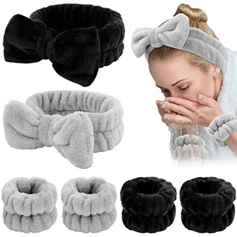 Conjunto 3 Peças Faixa de Cabelo e Pulso para Cuidados com a Pele - Headband Fleece com Laço para Maquiagem e Banho