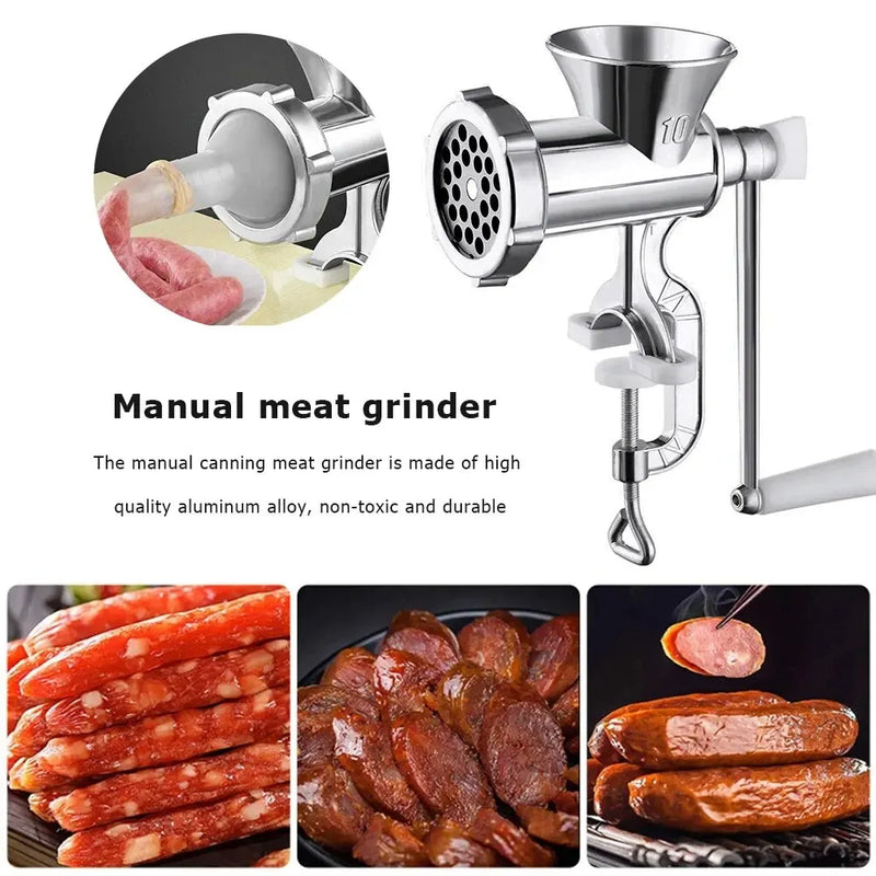Moedor de Carne Manual em Alumínio Prata – Grinder Durável para Carne, Salsicha, Vegetais e Pimentões