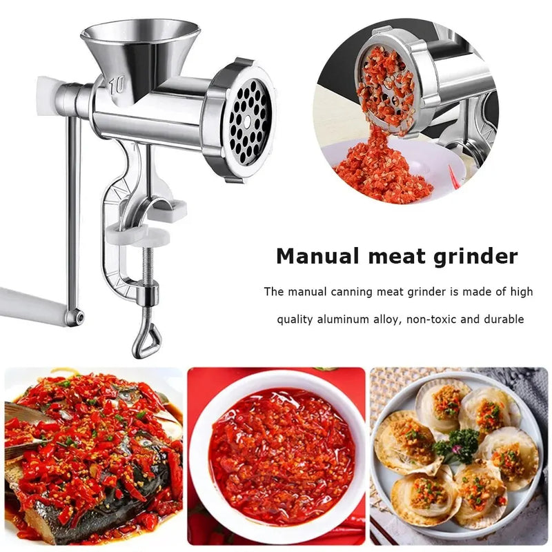 Moedor de Carne Manual em Alumínio Prata – Grinder Durável para Carne, Salsicha, Vegetais e Pimentões