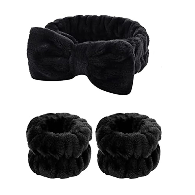 Conjunto 3 Peças Faixa de Cabelo e Pulso para Cuidados com a Pele - Headband Fleece com Laço para Maquiagem e Banho