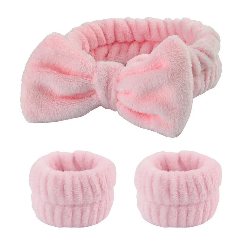 Conjunto 3 Peças Faixa de Cabelo e Pulso para Cuidados com a Pele - Headband Fleece com Laço para Maquiagem e Banho