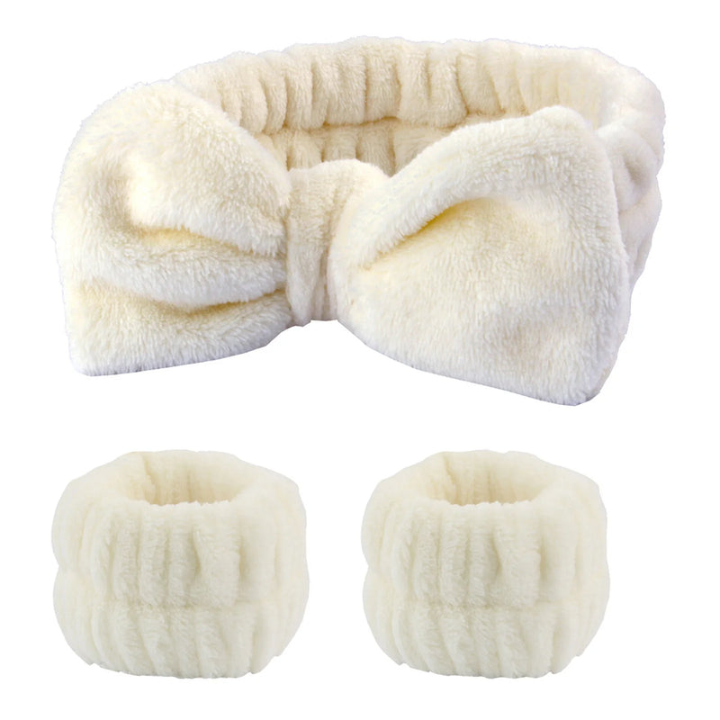 Conjunto 3 Peças Faixa de Cabelo e Pulso para Cuidados com a Pele - Headband Fleece com Laço para Maquiagem e Banho