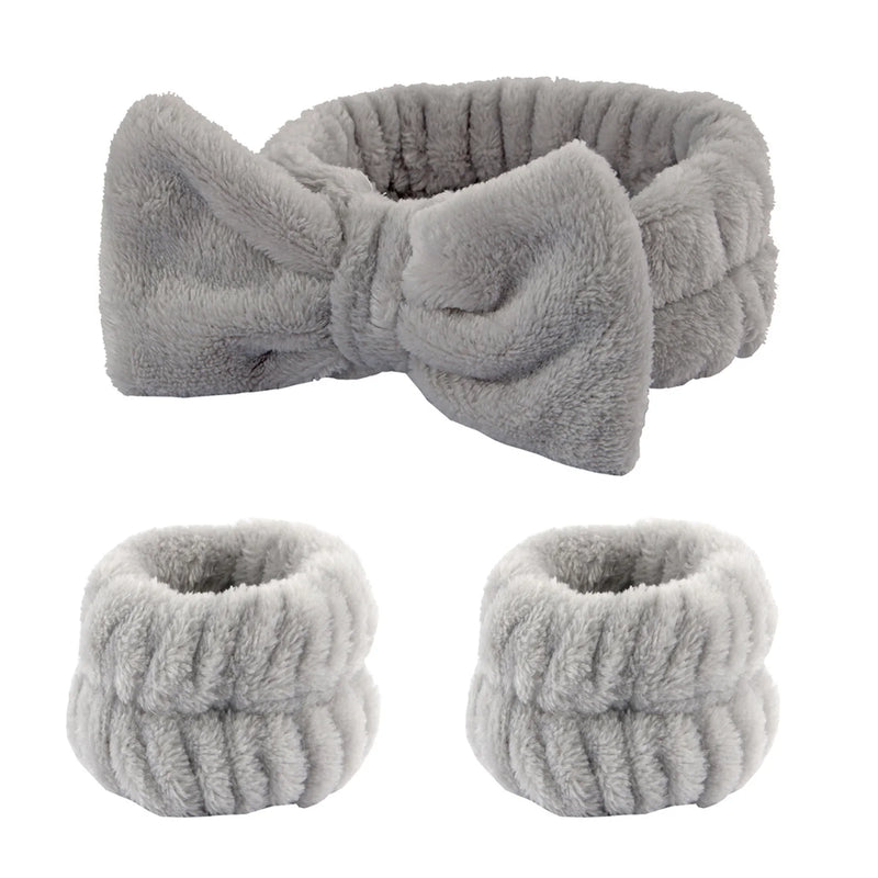 Conjunto 3 Peças Faixa de Cabelo e Pulso para Cuidados com a Pele - Headband Fleece com Laço para Maquiagem e Banho