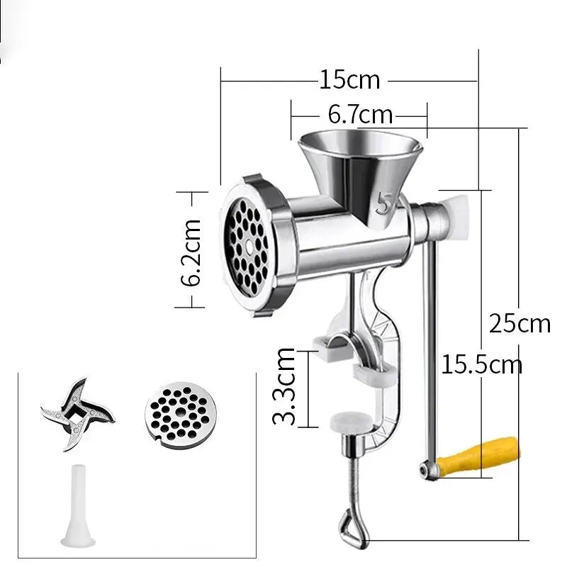 Moedor de Carne Manual em Alumínio Prata – Grinder Durável para Carne, Salsicha, Vegetais e Pimentões