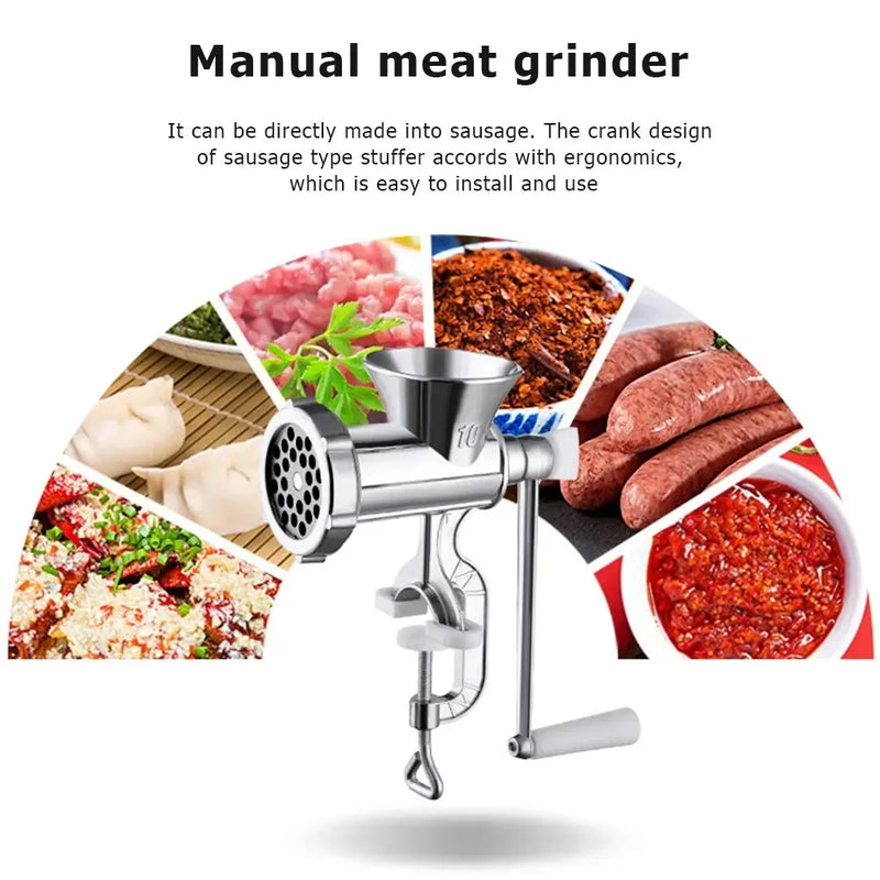 Moedor de Carne Manual em Alumínio Prata – Grinder Durável para Carne, Salsicha, Vegetais e Pimentões